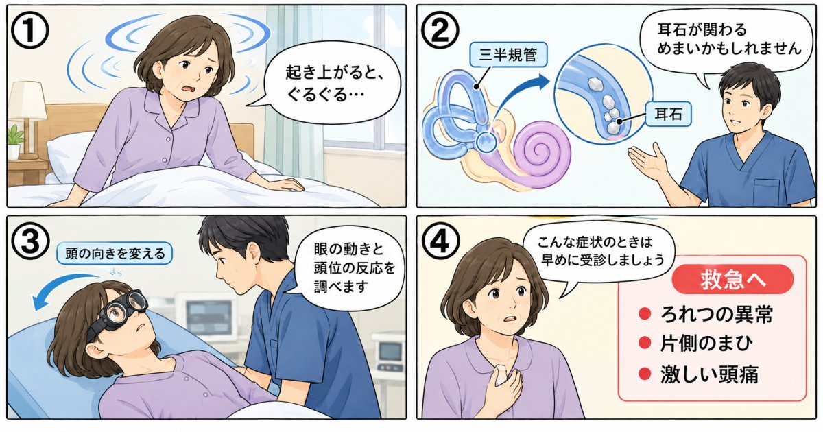 起き上がりのぐるぐるめまいは耳鼻科へ。耳石が絡む原因と受診時の検査内容